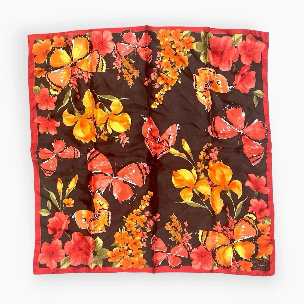 Vintage Oscar De La Renta Scarf Butterfly Floral Silk Japan 21